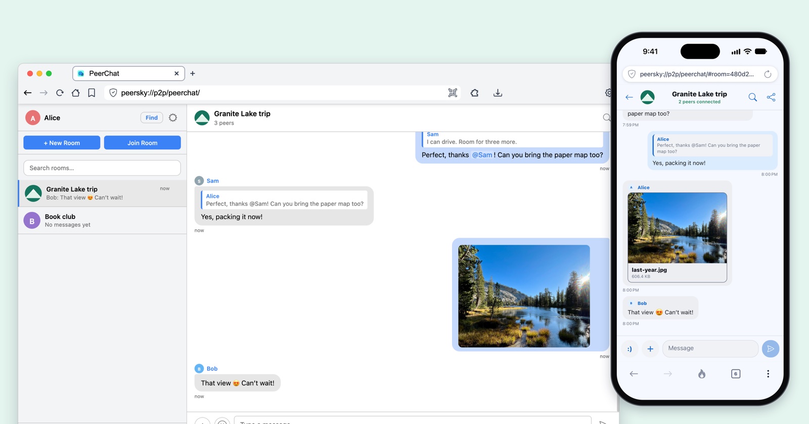 A PeerChat room called Granite Lake trip on Alice's desktop and on Sam's phone, with replies, a mention and a photo of the lake
